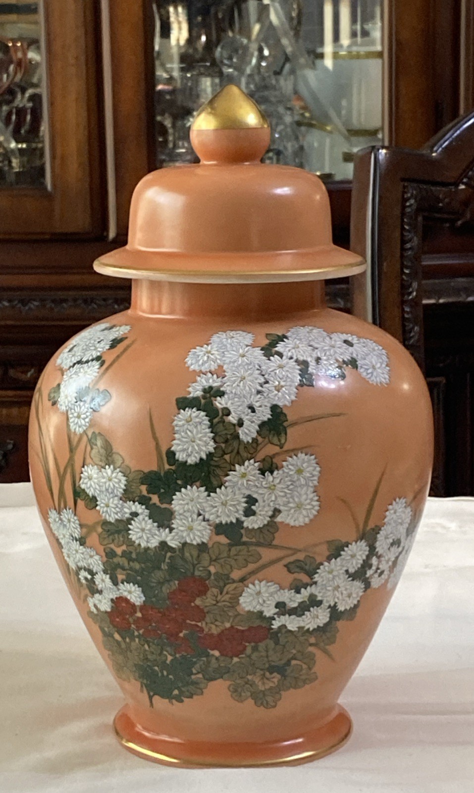 Vintage Hand Painted Ginger Jar Lidded Orange Gold White Flowers 12” Tall Japan