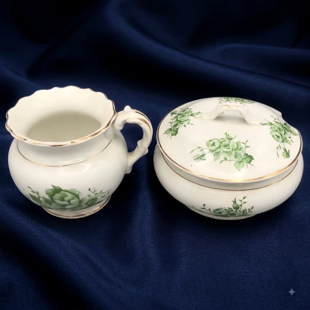 Antique KTK Creamer Sugar Set Green Roses Knowles Taylor Knowles Lidded Ivy READ Antique KTK Creamer Sugar Set Green Roses Knowles Taylor Knowles Lidded Ivy READ