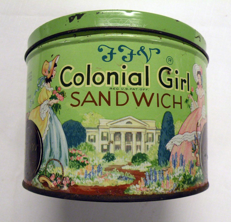 FFV Colonial Girl Sandwich Cookies Vintage Tin Can Southern Biscuit Company FFV Colonial Girl Sandwich Cookies Vintage Tin Can Southern Biscuit Company