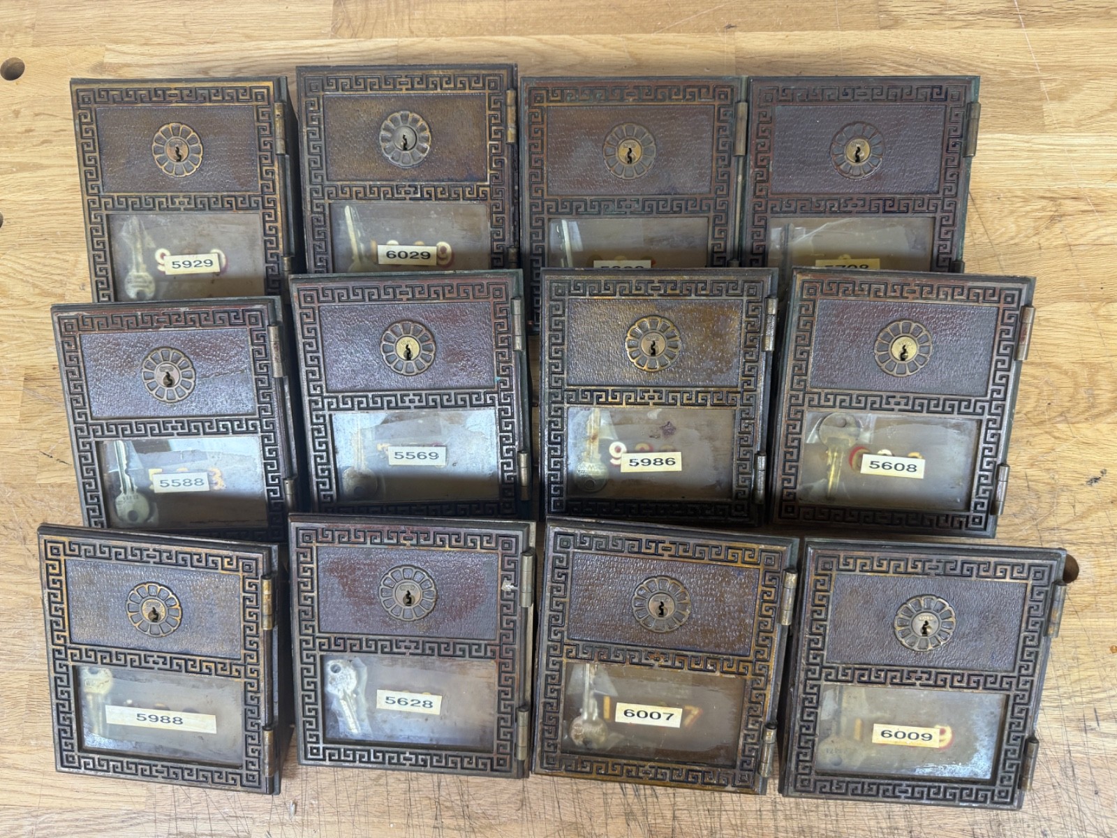 12 Antique Post Office Postal Box Lockbox Door Fronts #2 Yale Wagon Wheel w Key
