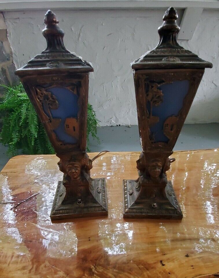 PAIR ANTIQUE ART DECO NATIVE AMERICAN INDIAN TORCH LAMP GLASS SCONCE LIGHT SHADE