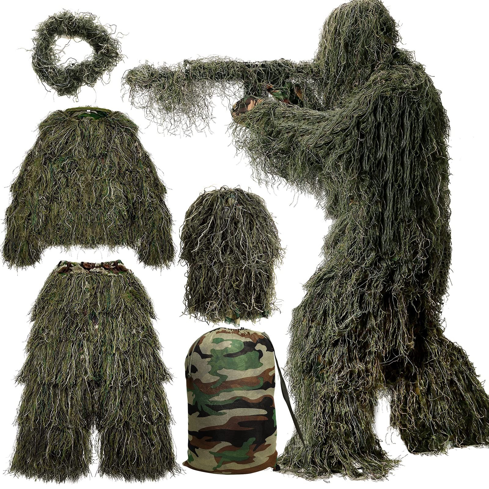 MOPHOTO 5 in 1 Ghillie Suit 3D Camouflage Hunting Suits - Jacket, Pants, Hood...