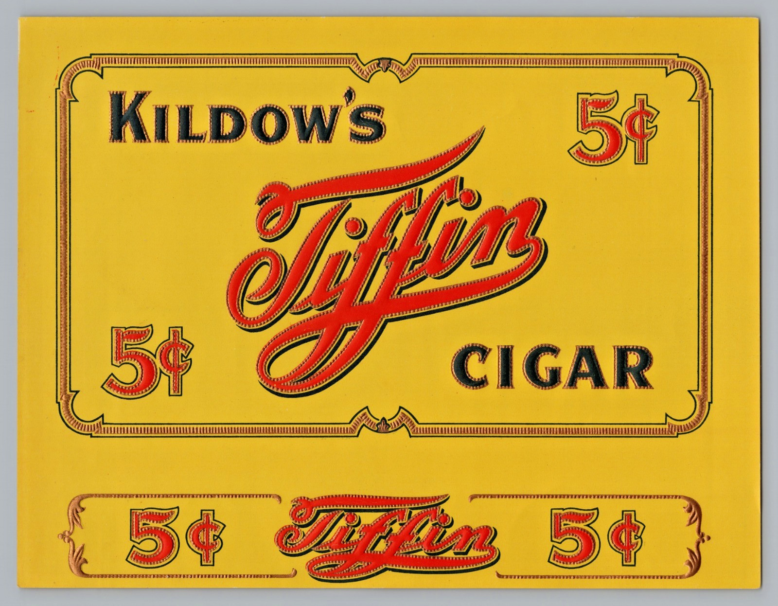 Large Original Vintage Kildow\'s Tiffin 5 Cent Cigar Embossed Label Sign