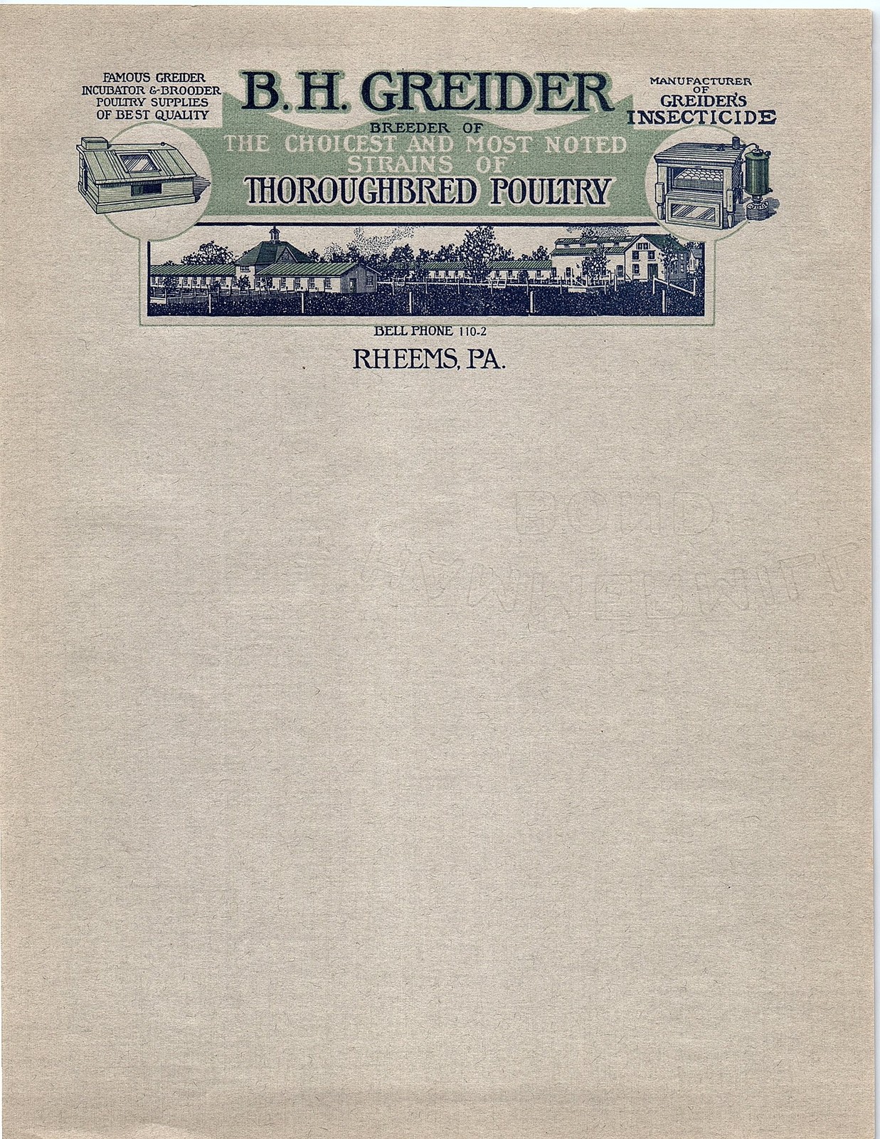 Vintage B.H. Greider Poultry Farm Rheems PA Billhead