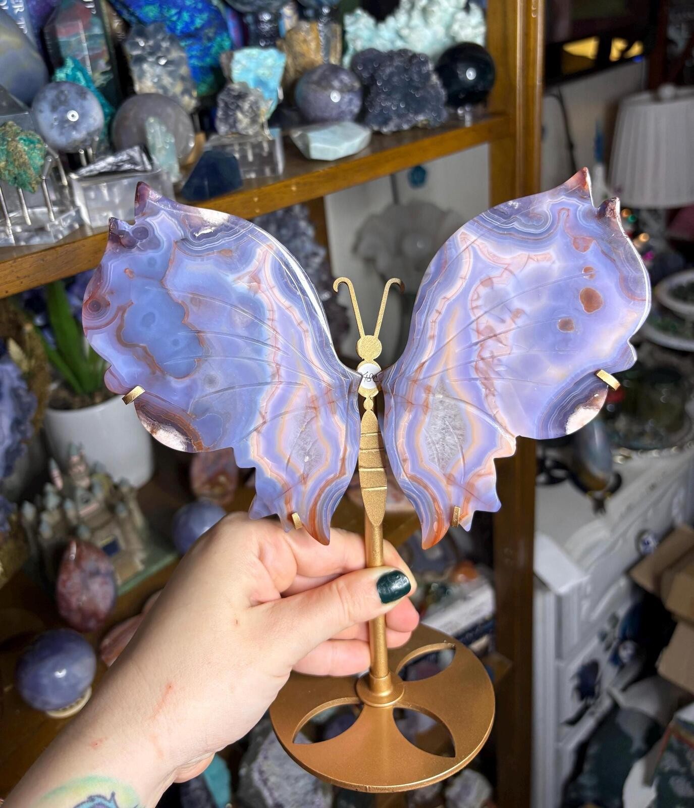 Hand-Carved Blue Flower Agate Butterfly Sculpture | Gold Stand Decor