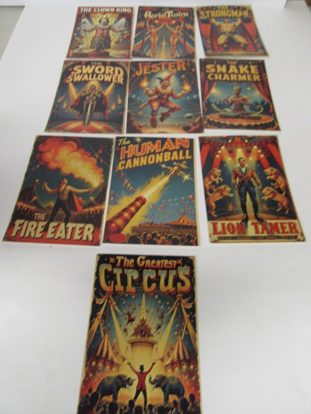 New Set Of 10 Big Top Circus Performers Poster Image Cards 5 3/4 x 4\
