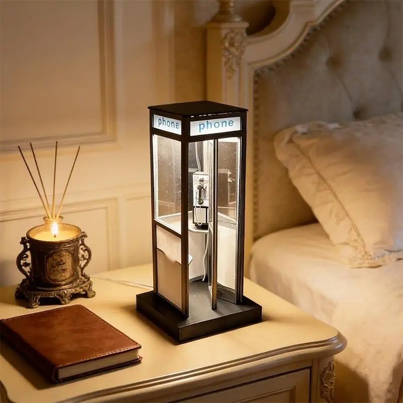 Retro Vintage Phone Booth Table Lamp Telephone Box Warm LED Night Light