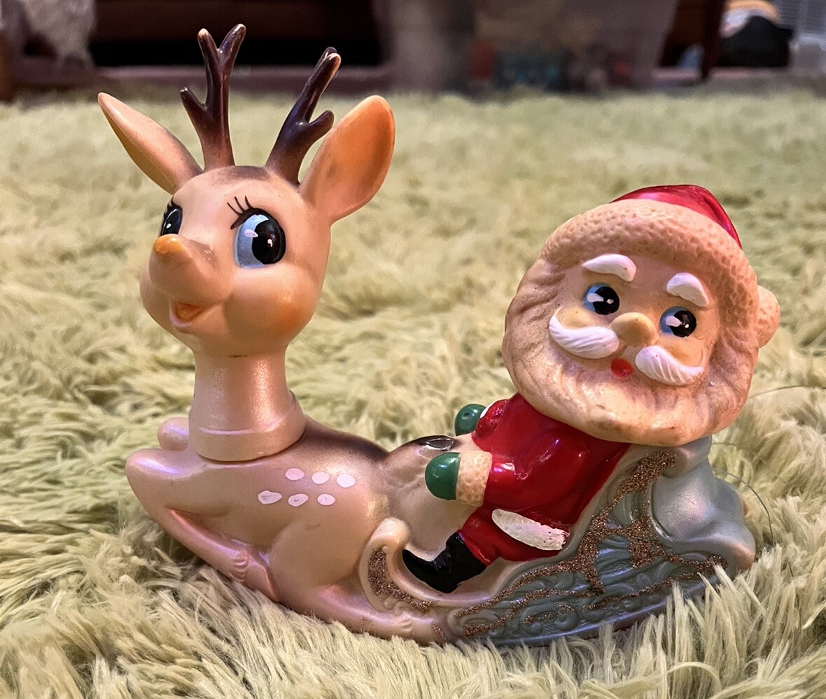 Rare Vintage  Ninohira Japan Santa & Rudolph Blue Christmas HTF 