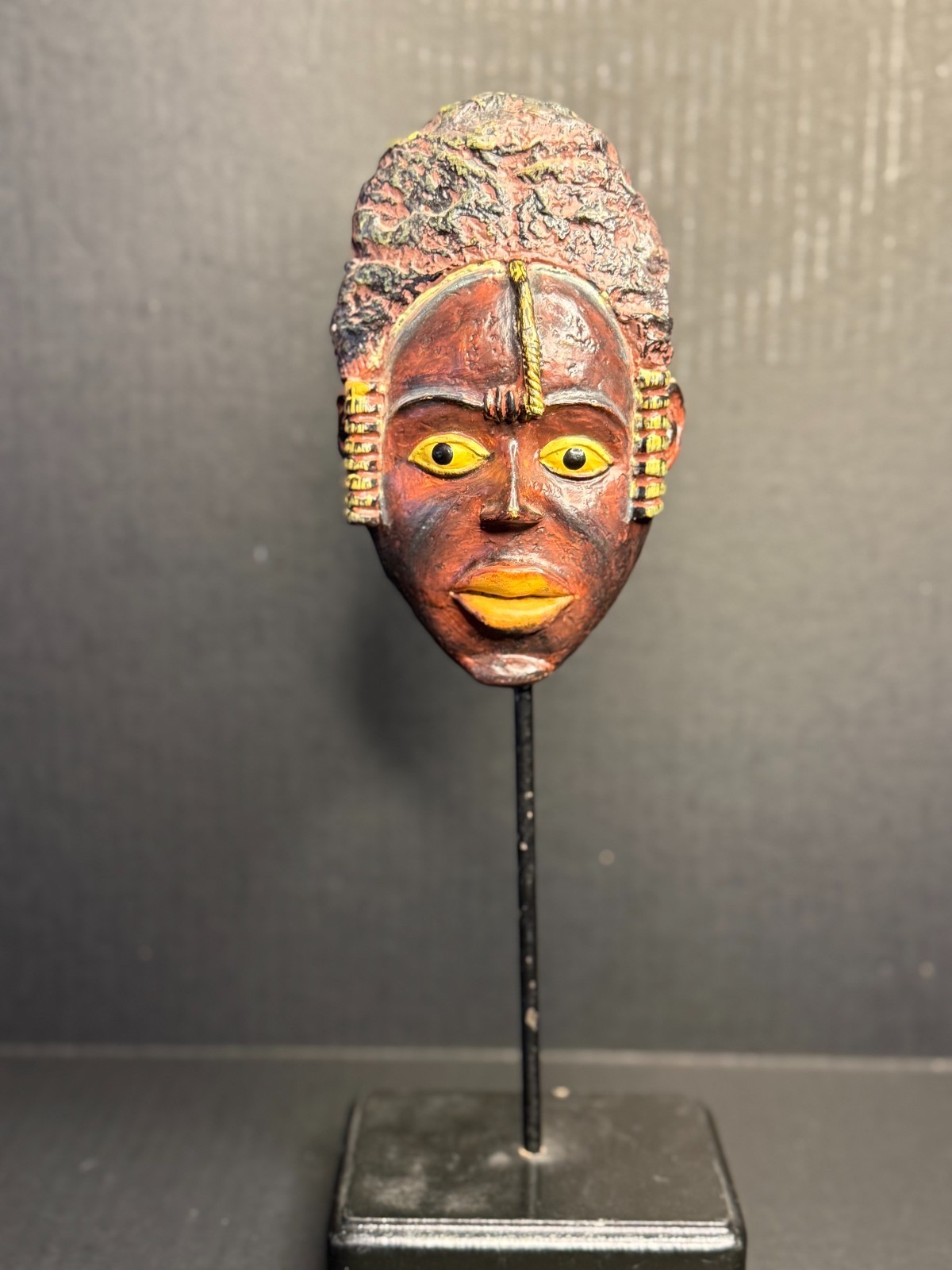 Dan Style Mask on Stand Liberia Ivory Coast African Art Red Yellow Tribal Decor