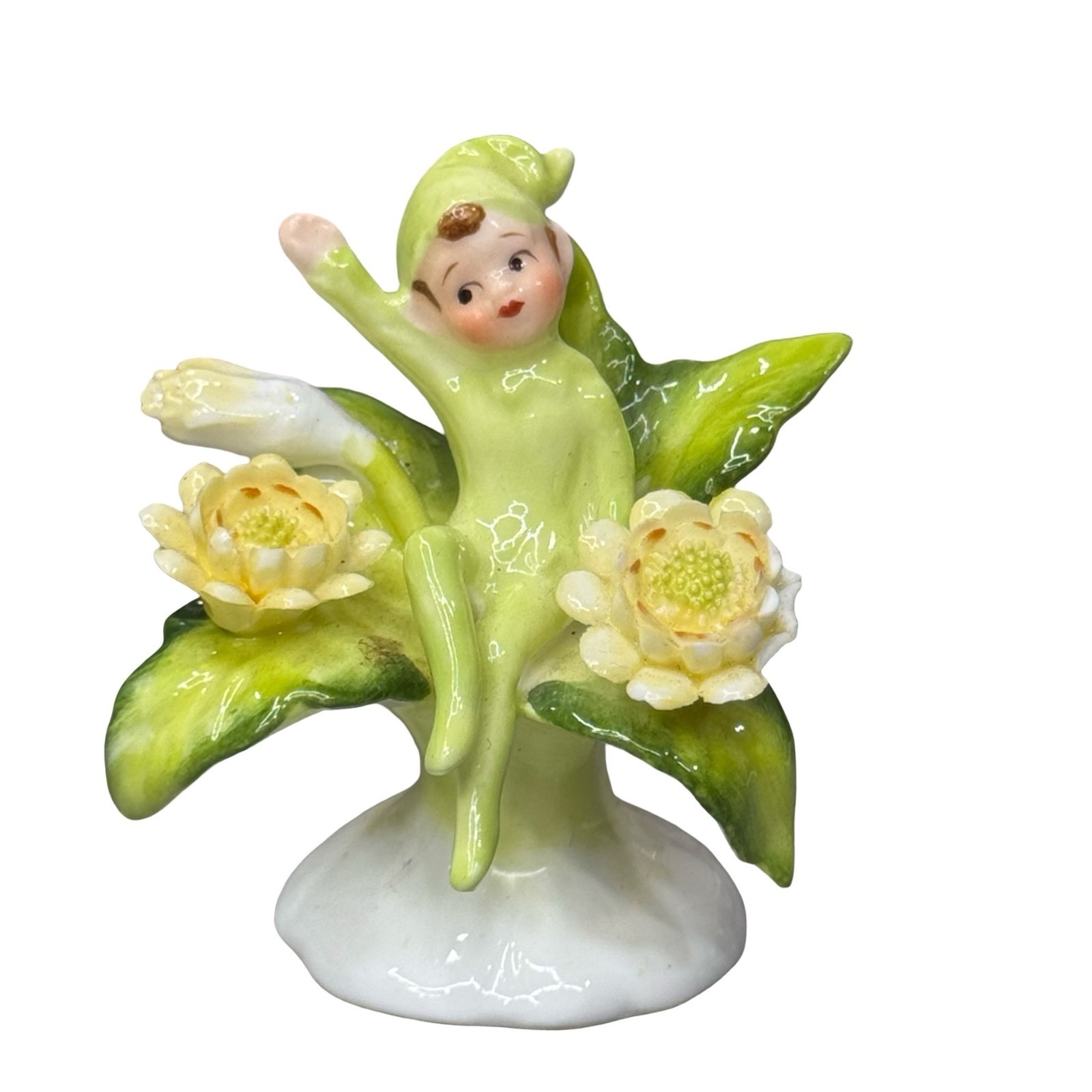 Napcoware Bone China Flower Fairy Figurine Green Yellow Vintage Flower of Month