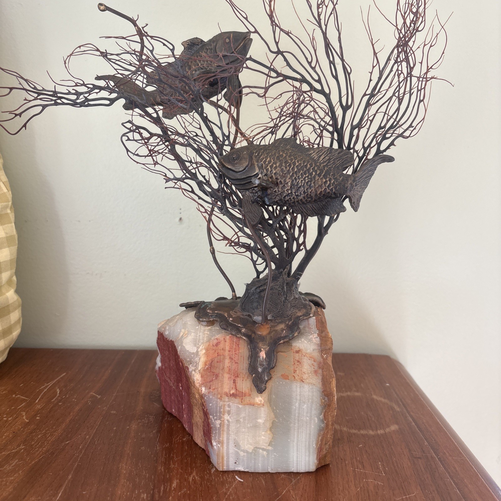 Metal & Stone Abstract Sculpture on Natural Rock Base, Antique Finish