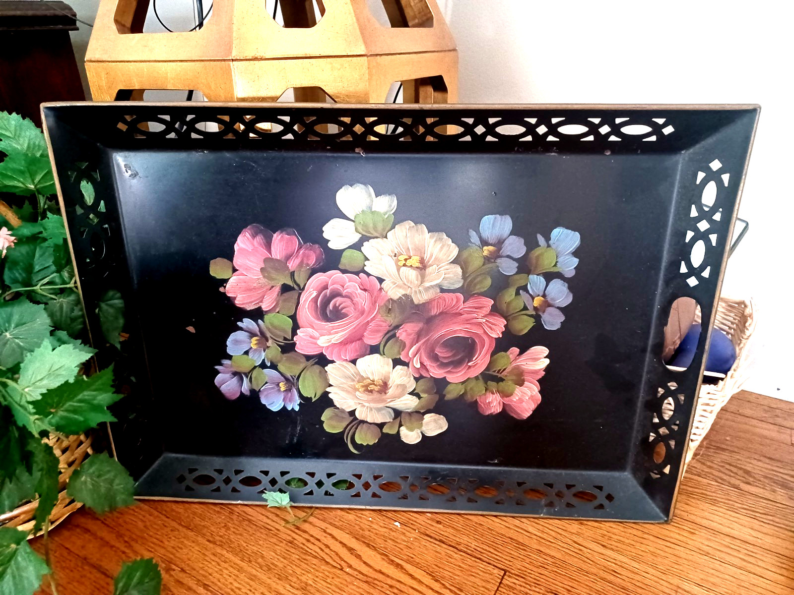 VTG Large Hand Painted Floral Serving Tole Tray Black Cottage Core Shabby