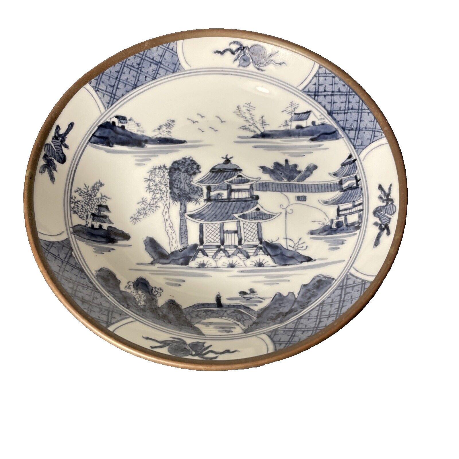 Vintage Chinoiserie Japanese Porcelain Ware Pagoda Brass Bowl Horchow? Hong Kong