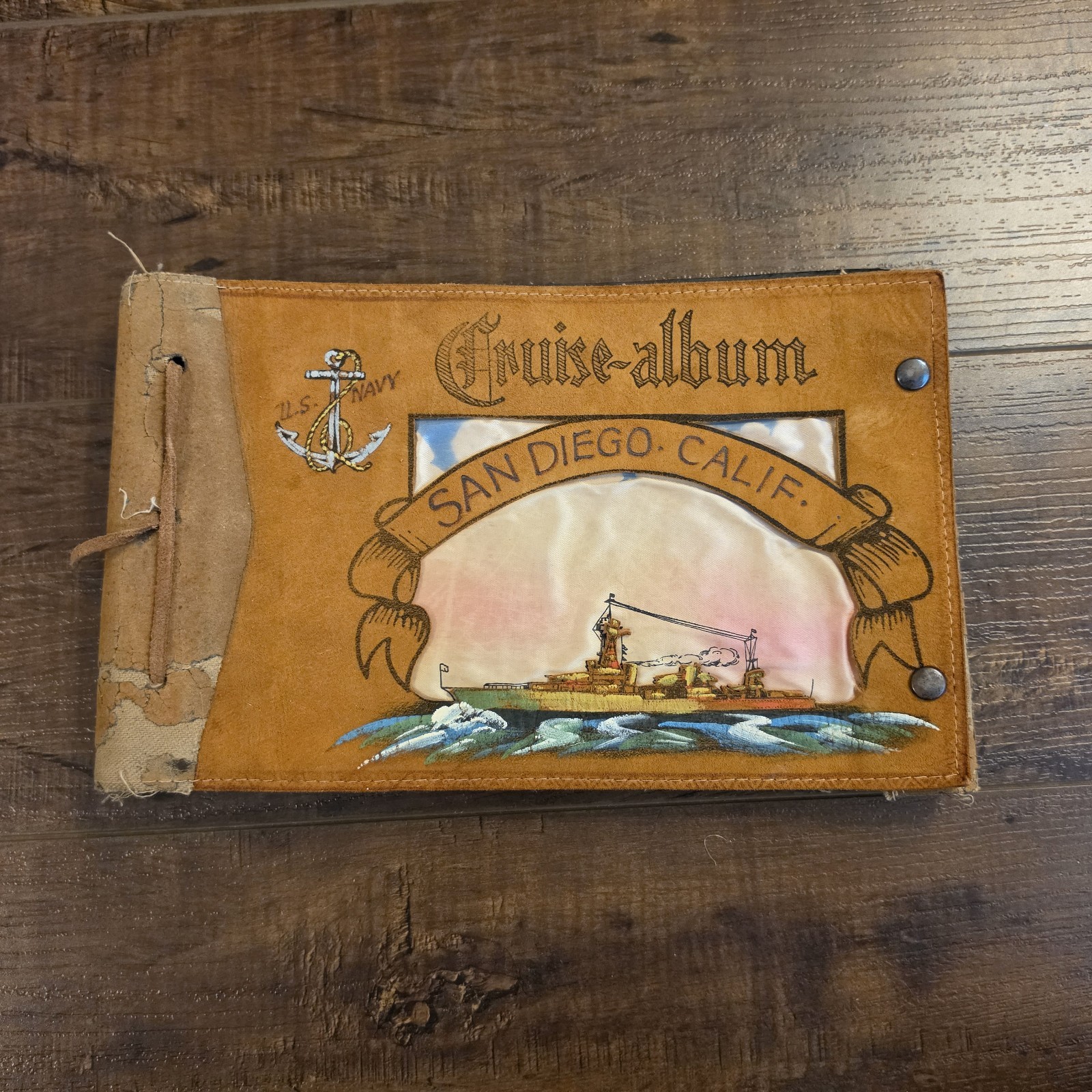 Vtg WWII US Navy Leather Cruise Service Photo Album San Diego CA Photos Include
