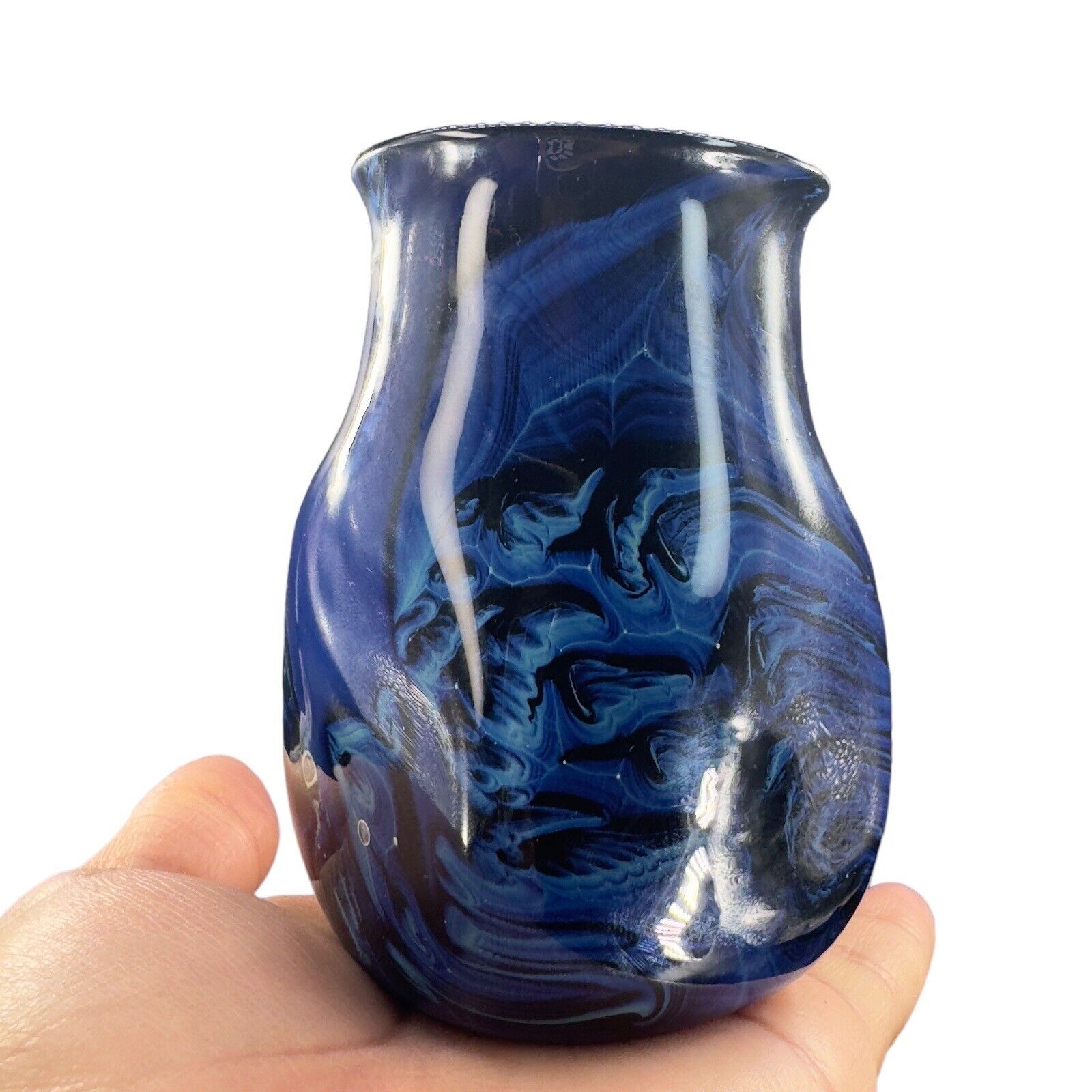 1999 Hand Blown Art Glass Vase Dark Amethyst Inside Blue Swirls Bubbles Signed