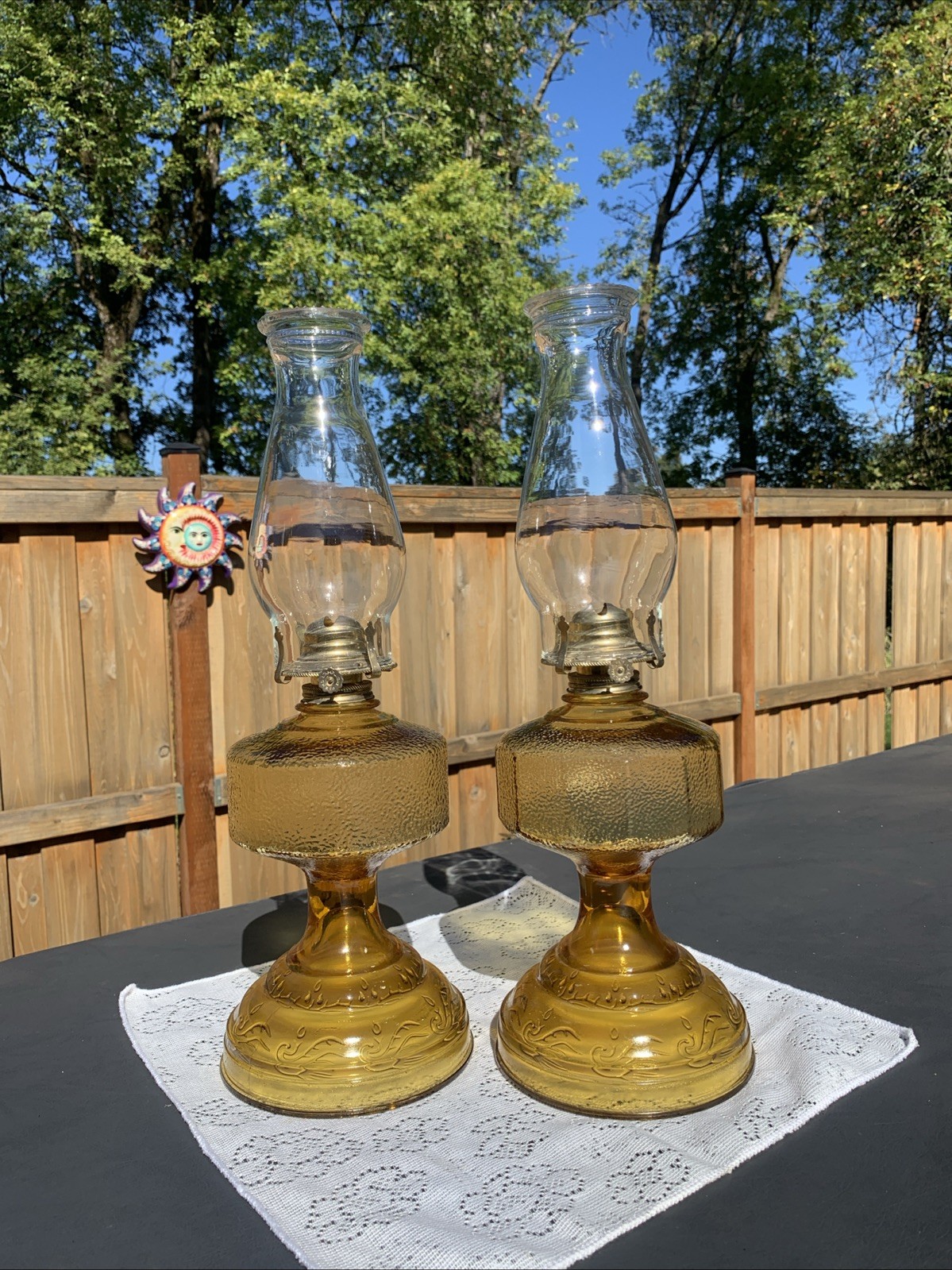 Pair Of Vintage Amber Glass Oil Lamps