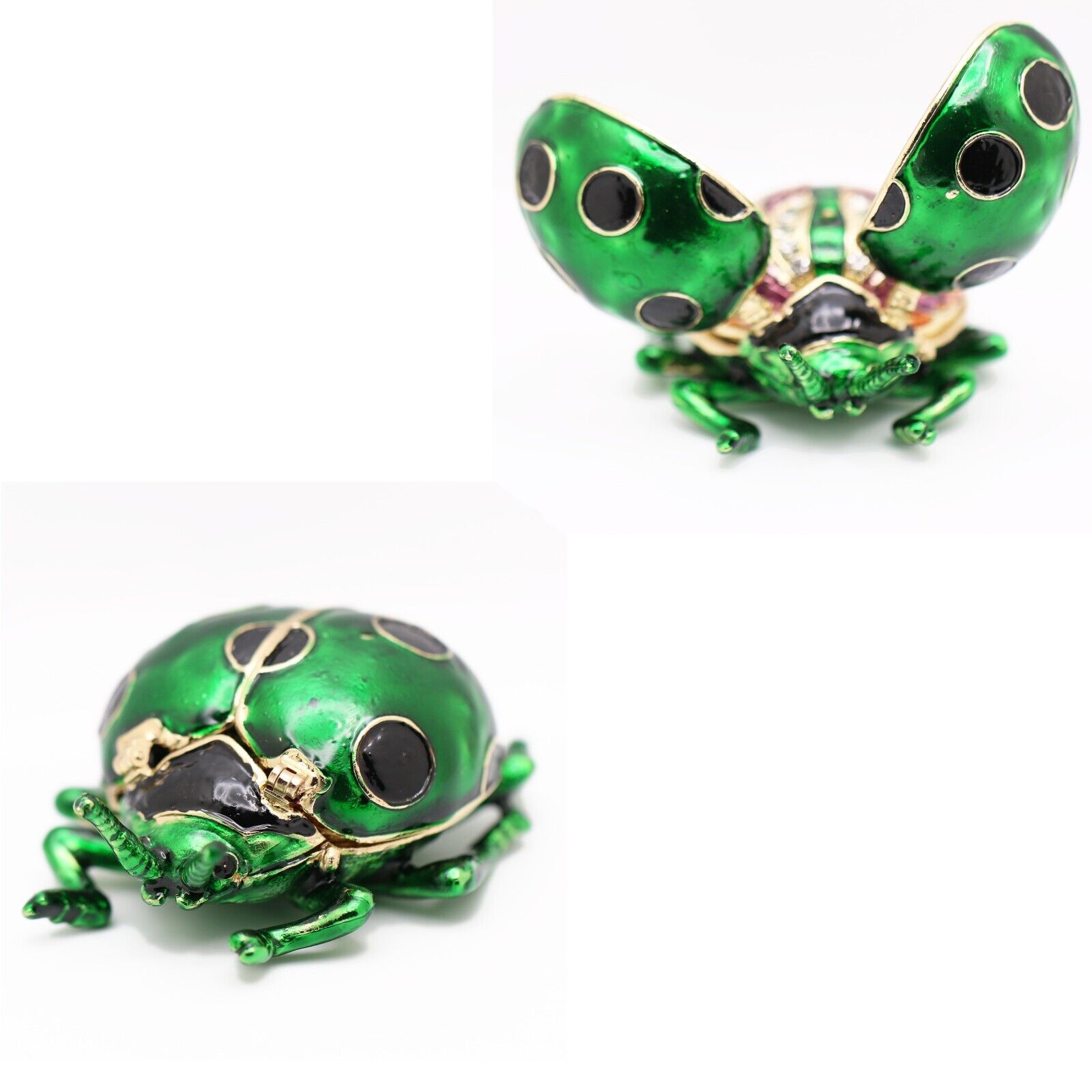 Bejeweled Enameled Animal Trinket Box/Figurine With Rhinestones-Green Ladybug