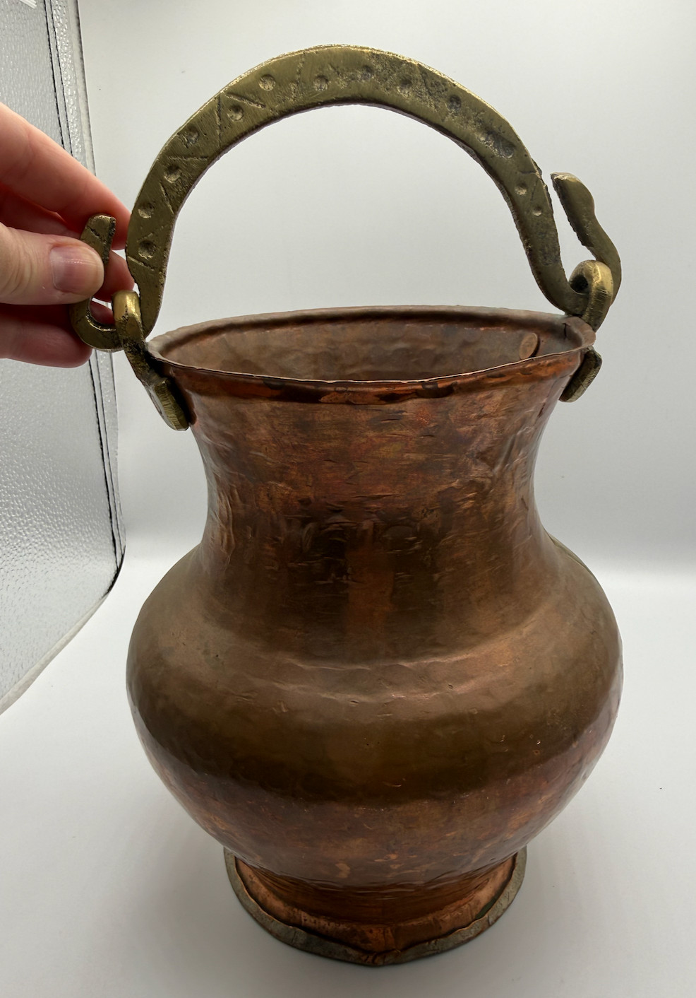 Antique Hand Hammered Copper Pot Vase Planter Jug with Heavy Brass Snake Handle