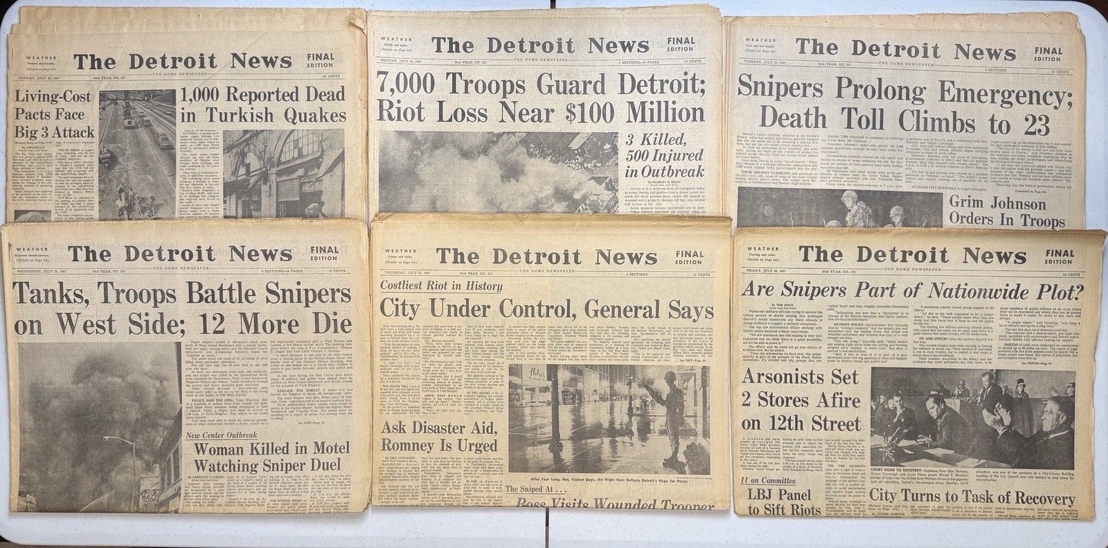 1967 Detroit News Riot Newspaper Lot 6 Issues July 23-28 Complete Run