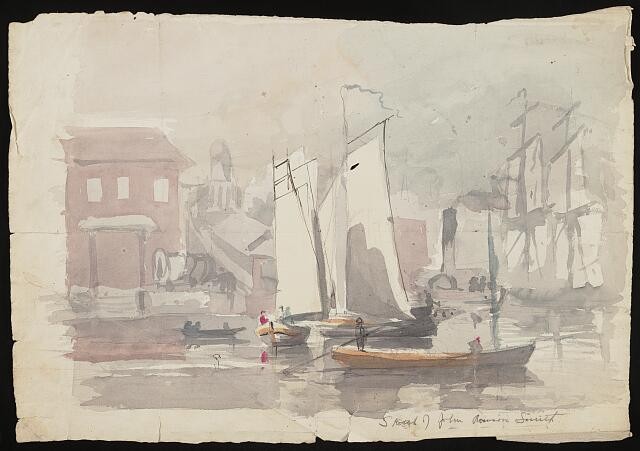 Photo:Waterfront Harbor Sailboats Sailing Ship Buildings 1900s Dock Scene