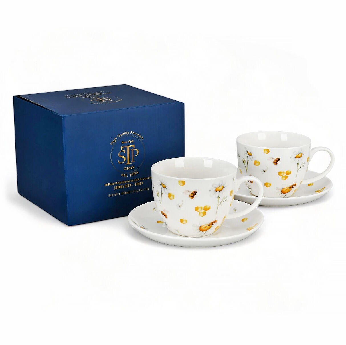 Honey Bee Porcelain Teacup and Saucer Set for 2 Persons 15 oz Jumbo Tea Cup Set