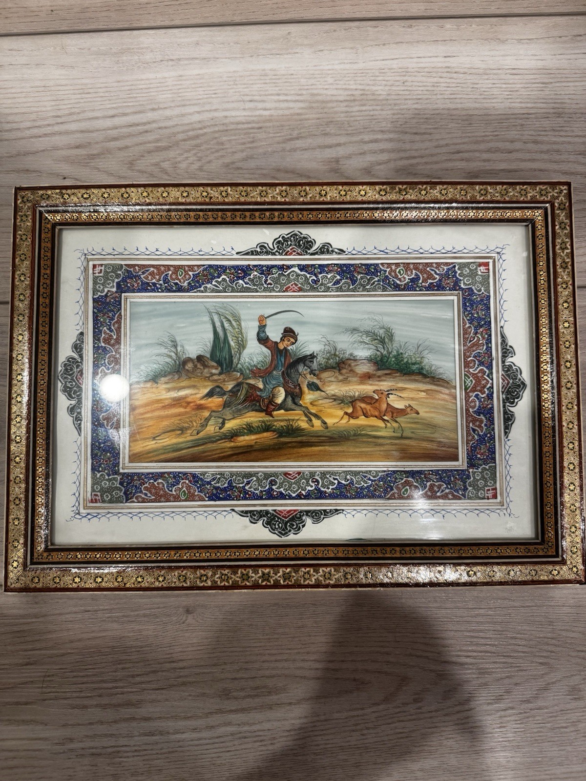 Vtg Persian Khatam Kari Bone Inlay Frame Painting Mosaic Wood Isfahan Iran 13x10