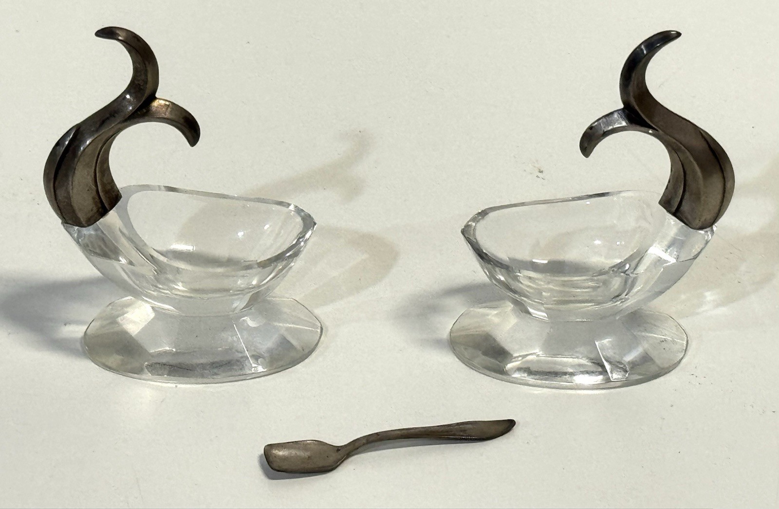 Antique Pair Of 835 Silver & Cut Crystal Salt Cellar With Spoon