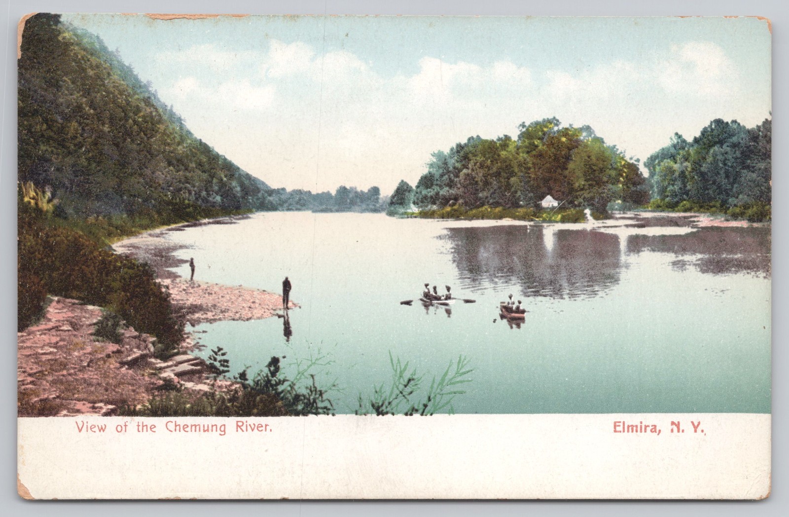 Vintage Elmira, NY Postcard c.1905 Chemung RIver View Rowboats Canoes People UDB
