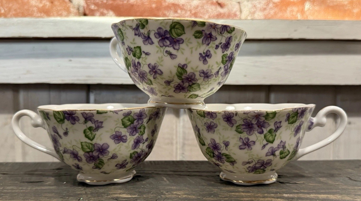 3 Vintage Lefton China Violet Chintz #638 Teacup Hand Painted 2 1/4 inches Tall 3 Vintage Lefton China Violet Chintz #638 Teacup Hand Painted 2 1/4 inches Tall