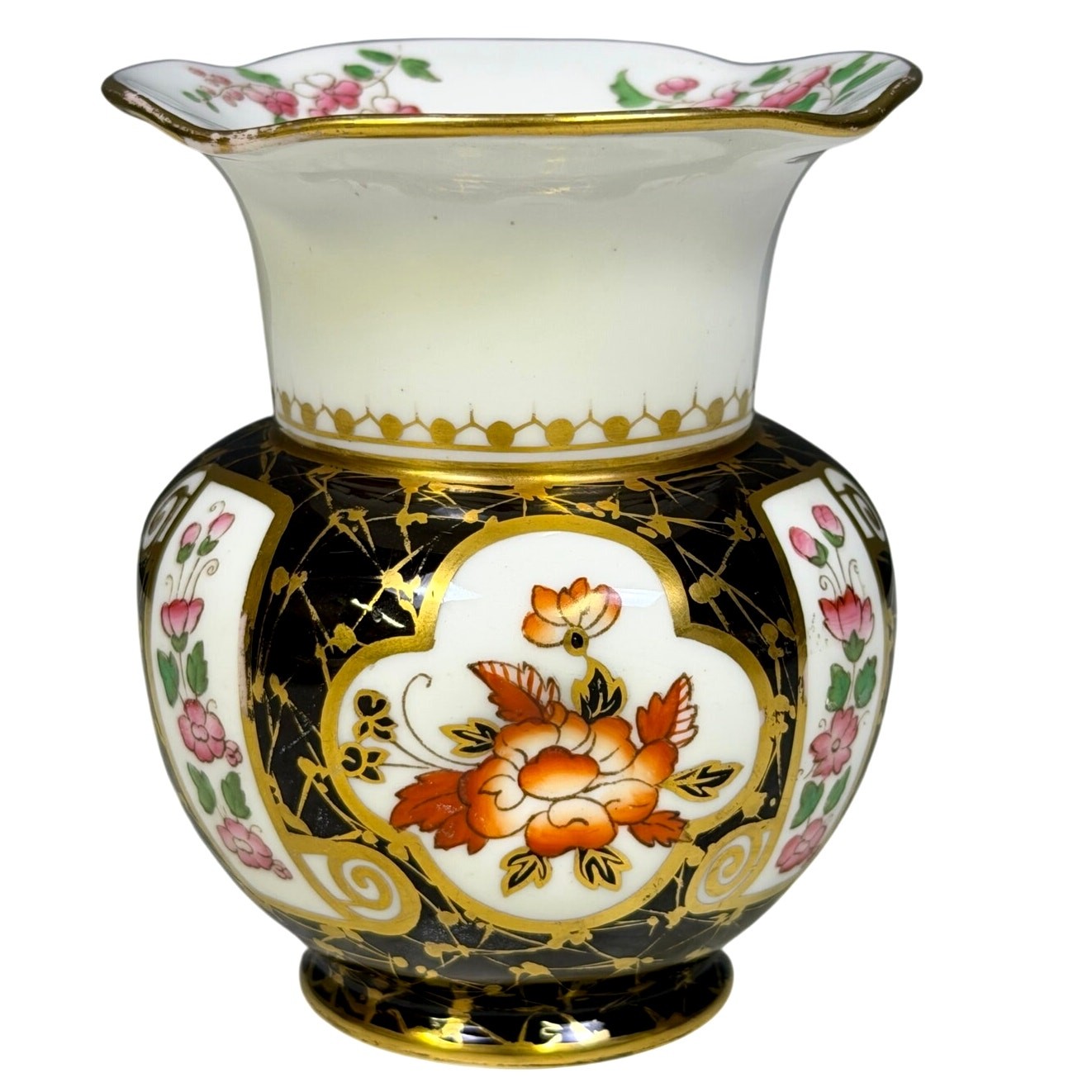 Wedgwood Antique c 1880-1900 Black Amari Ware Gold Accented Floral Vase-Rare