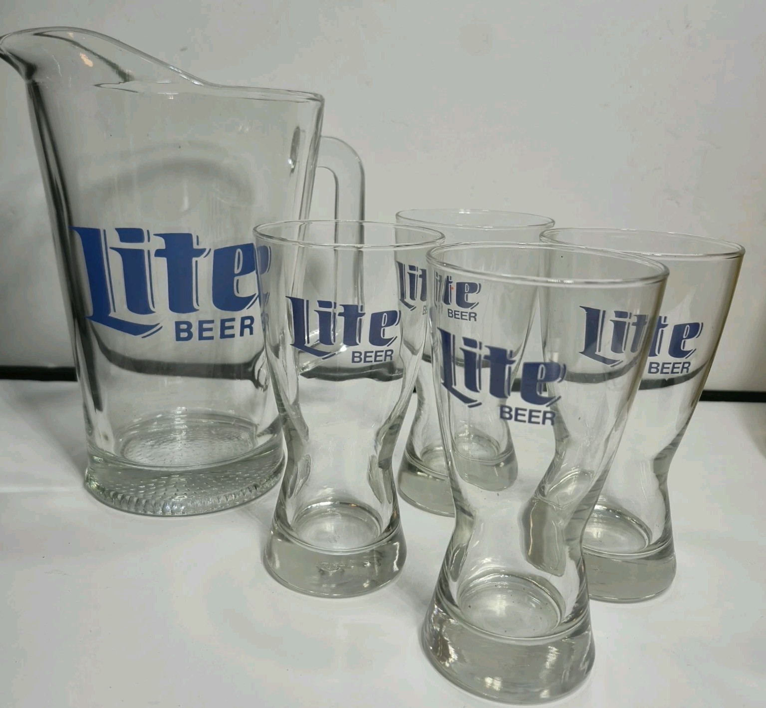 Vintage Miller Lite Glass Pitcher And Set Of 4 Glasses New Old Stock