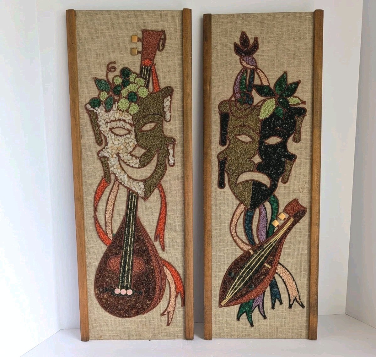 Vintage Mid Century Gravel Wall Art Panels Comedy & Tragedy 