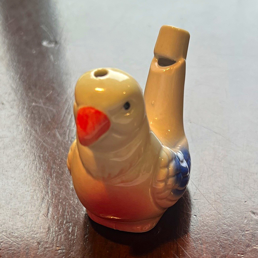 Ceramic Bird Figurine Whistle Hand Painted Glazed White Blue Orange Small