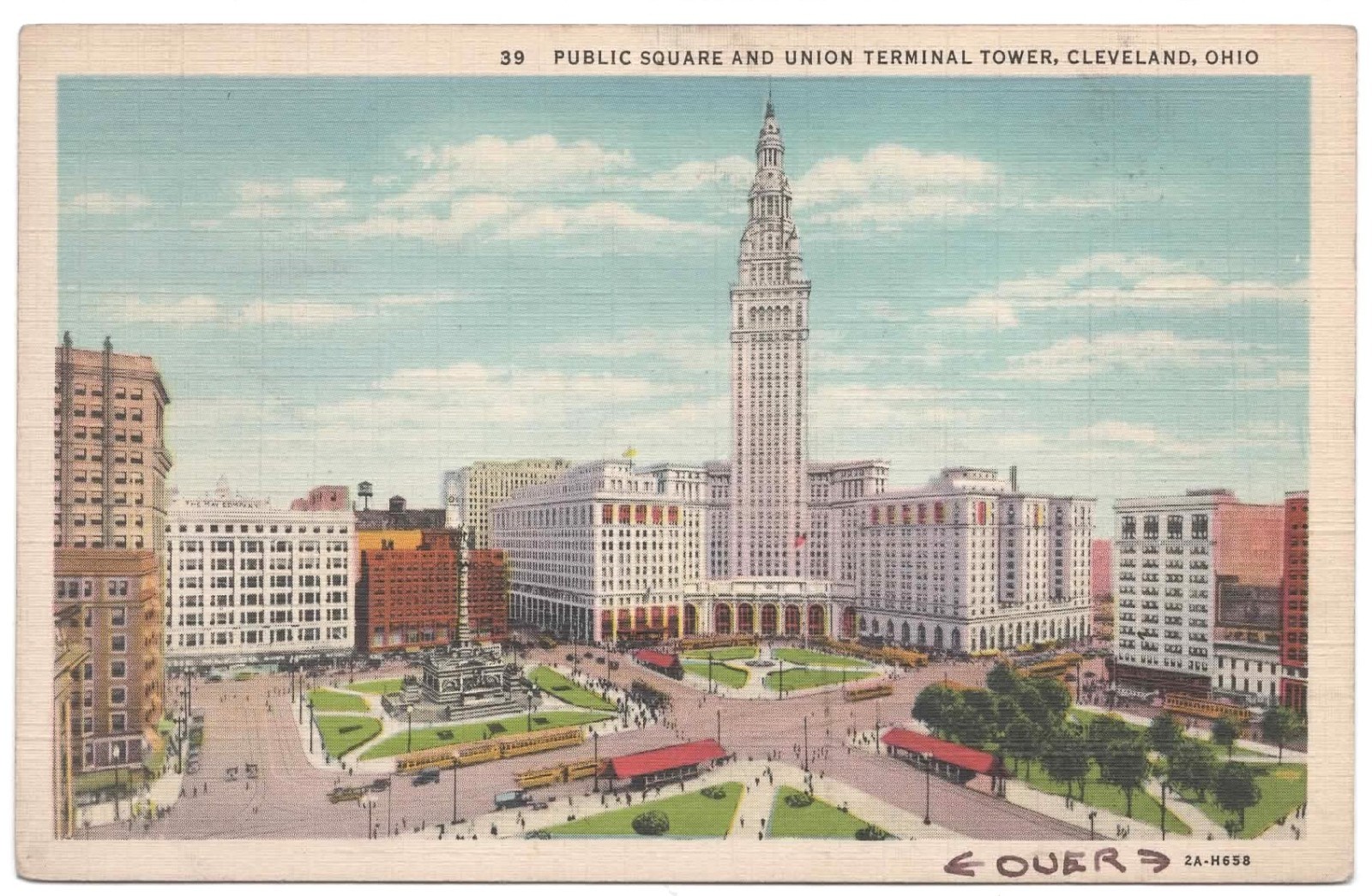Vintage Linen Postcard Public Square & Terminal Tower Cleveland, Ohio