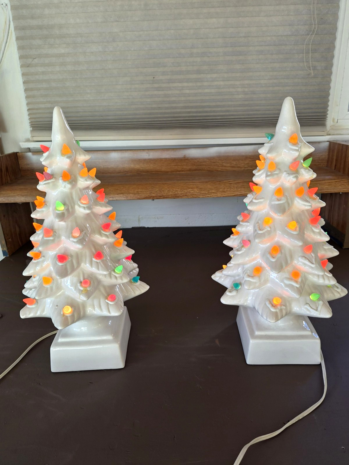 White Ceramic Christmas Trees (sold ad a pair) w/ Multicolor Lights