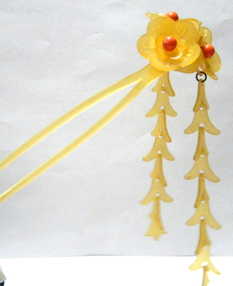 Antique Japanese Kanzashi Hair Ornament Celluloid Floral w corals and fringes 6