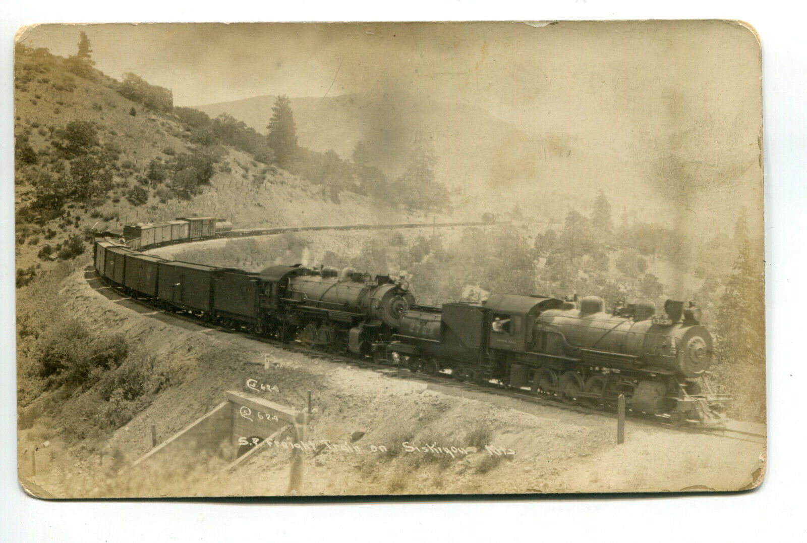 Southern Pacific Freight Train on Siskiyuo Mountains, Oregon, 1914, RPPC