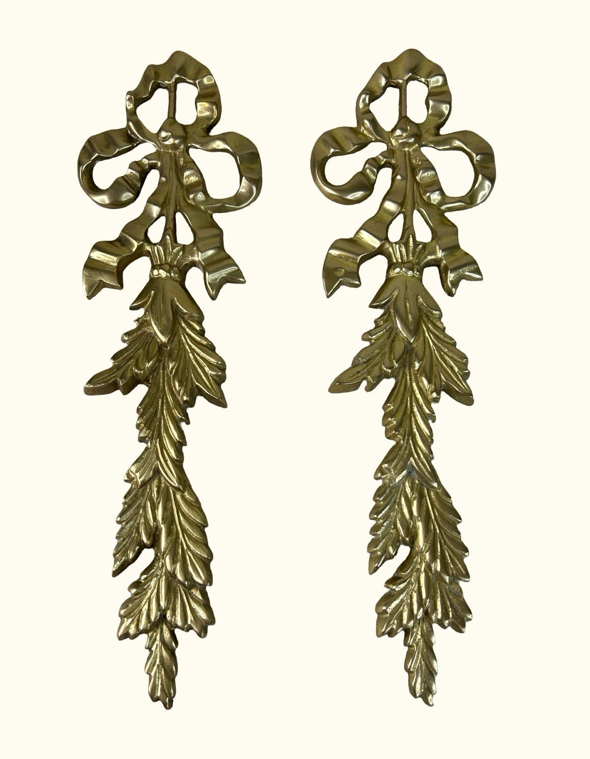 Vintage Pair of Brass French Style Bow & Botanical Plaques 11.5”