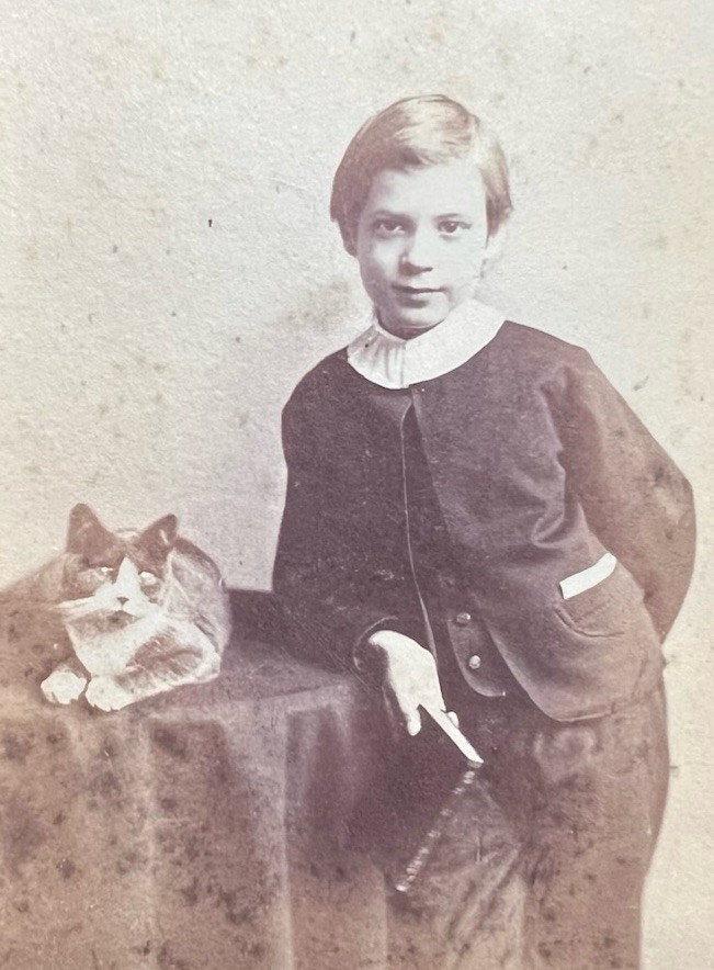 Antique CDV  Beautiful Young  Boy Kitten Cat Book~Boston Mass Civil War