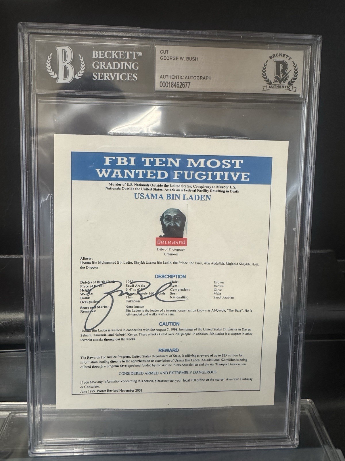 George W Bush President Signed 4x6 USAMA Bin Laden 9/11 FBI Print Beckett Auto 