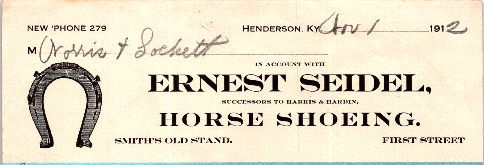 1912 ERNEST SEIDEL HORSE SHOEING Smith\'s Old Stand  HENDERSON KY  BL506