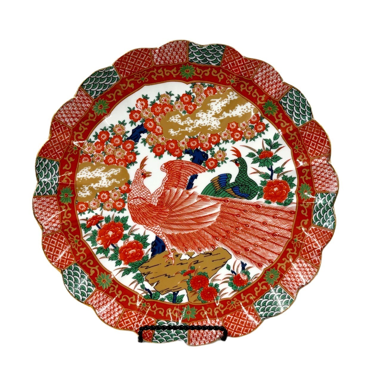 Vtg Large Japanese Arita Imari Peacock Porcelain Decorative Plate Chinoiserie