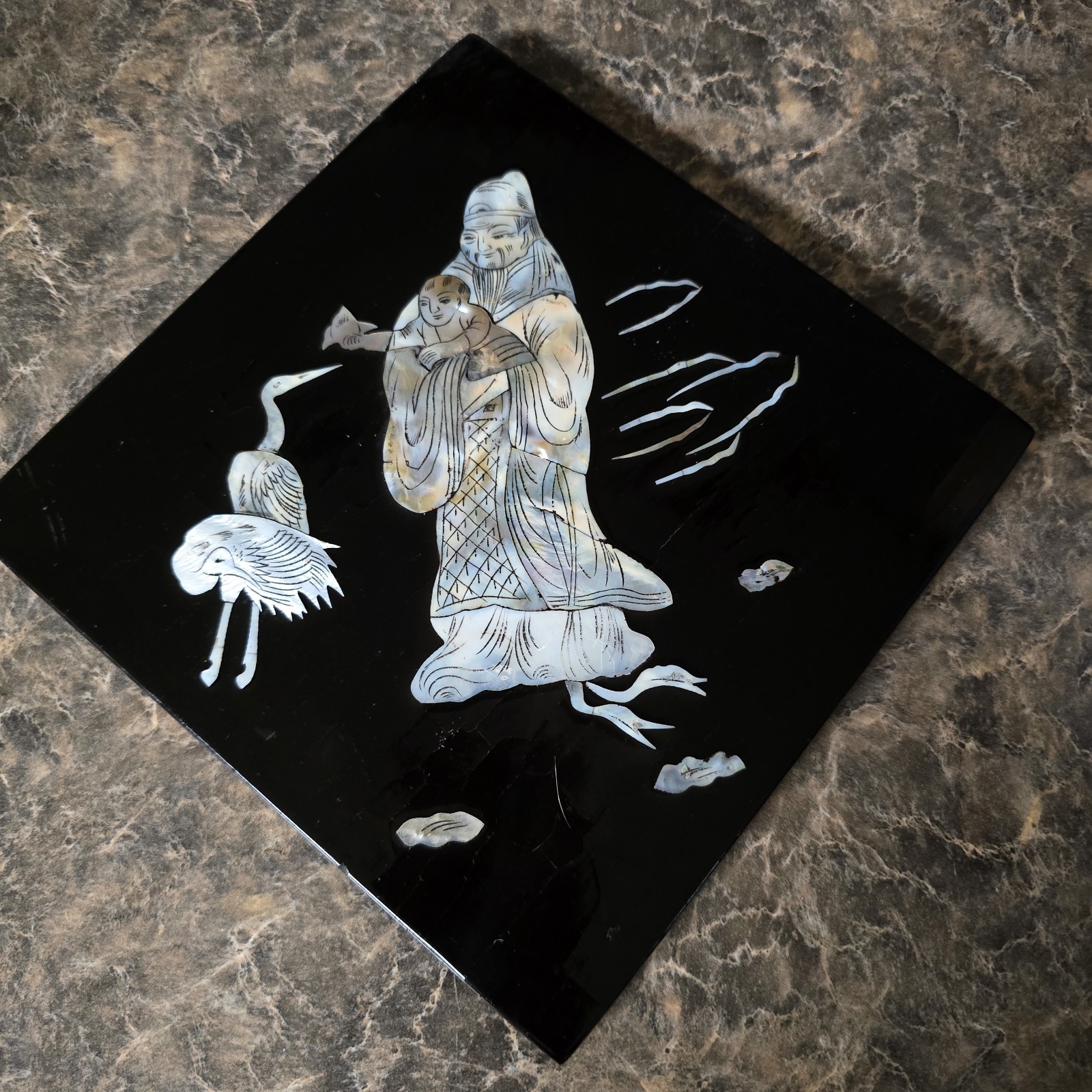 Vintage Oriental Mother of Pearl Black Lacquer Wall Art Tile