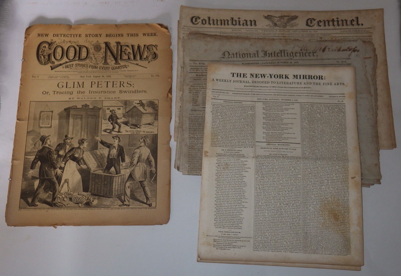 11 Antique Newspapers 1816-1893 Boston DC NYC Dime Novel