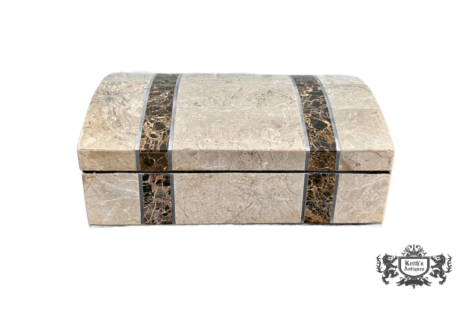 Tessellated Travertine Stone Box Vintage Rectangular Inlaid Dome Top Lidded Box