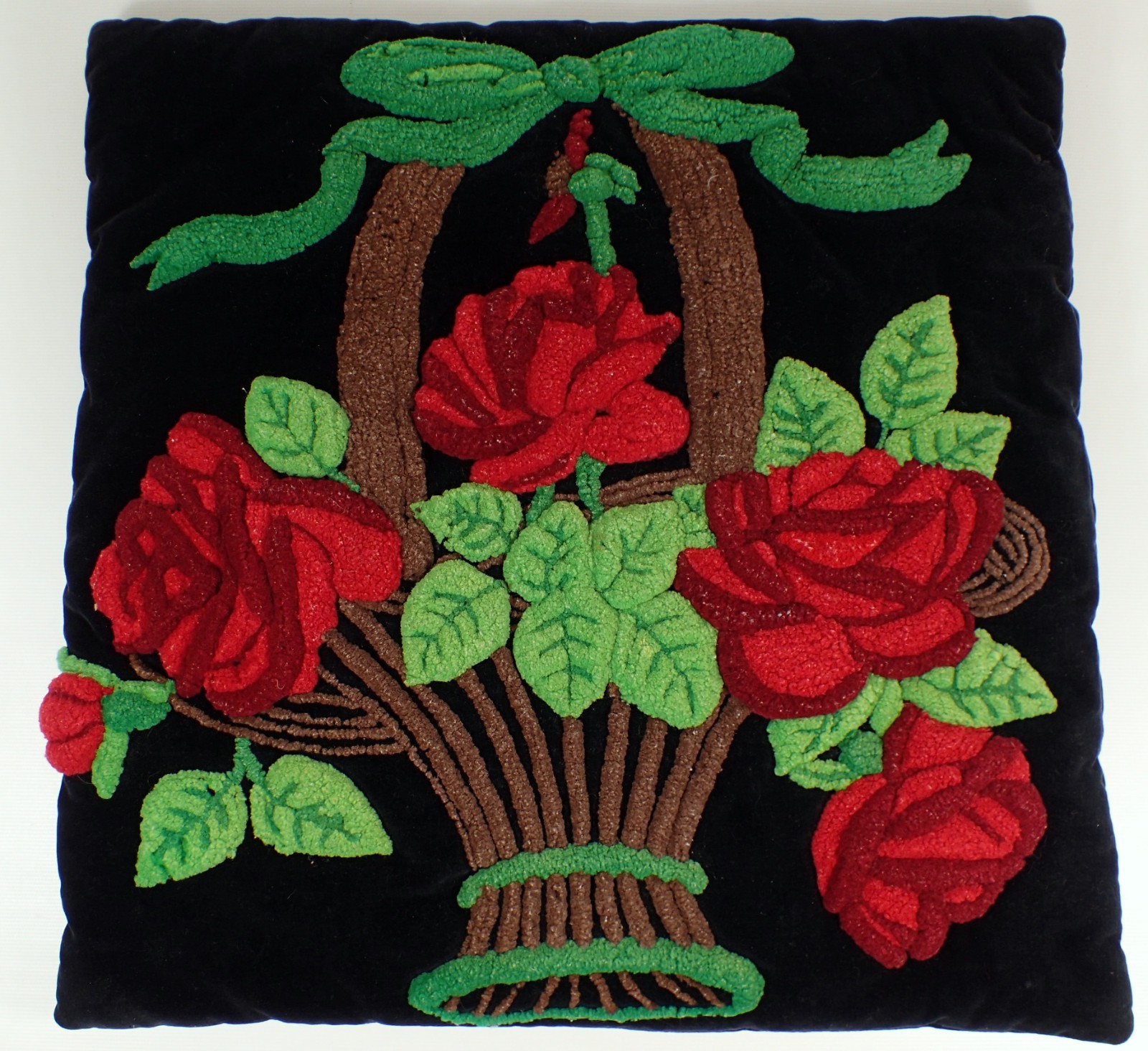 Antique Vtg Folk Art Black Velvet Red Rose Basket of Flowers Punch Needle Pillow