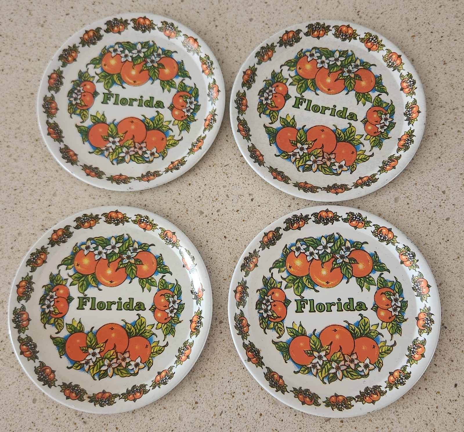 Vintage Florida Souvenir Coasters MCM Metal Oranges Orange Blossom Set of 4
