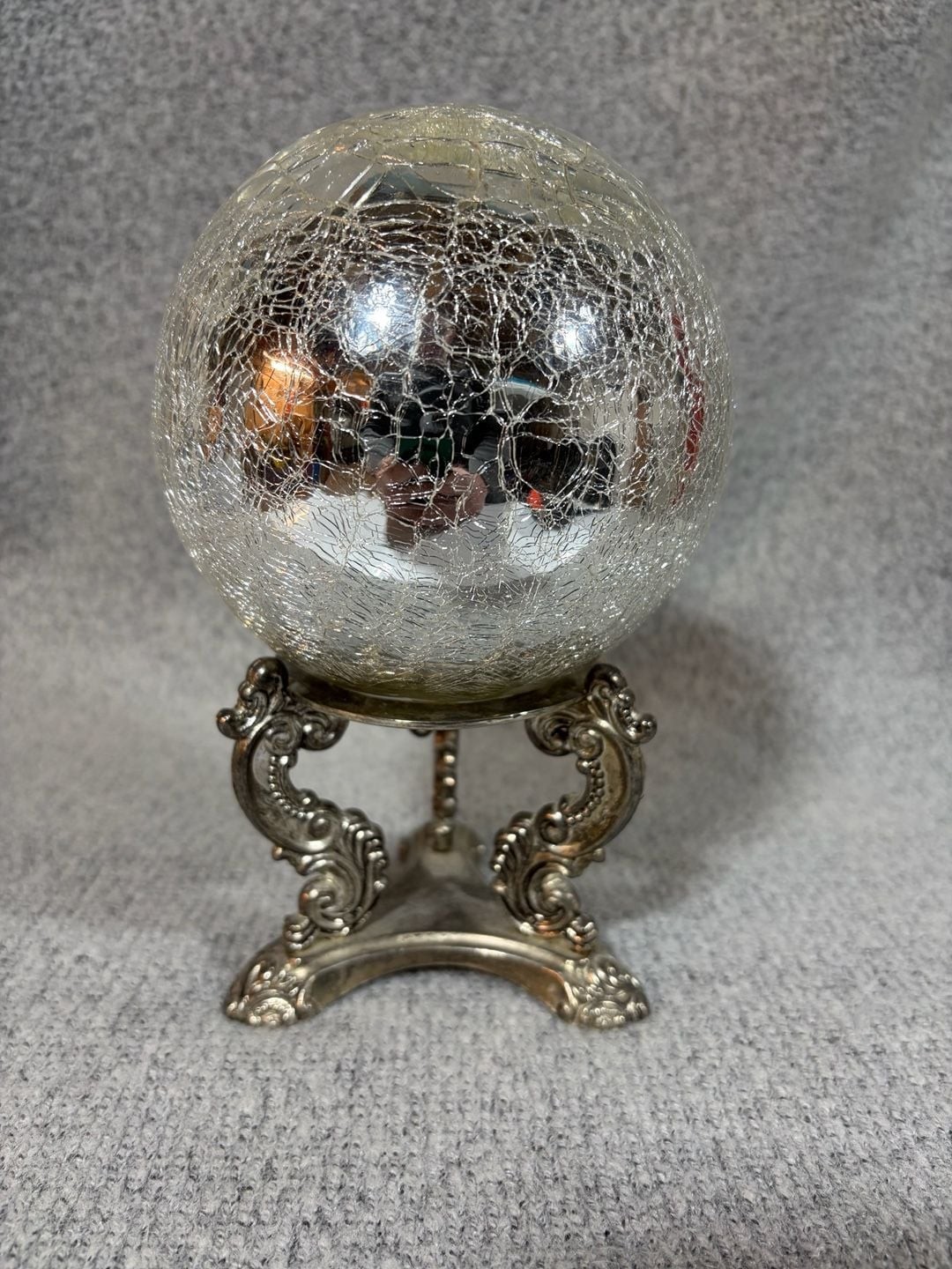 Vintage Godinger Silver-Plated Ornate Stand with Mercury Crackle Glass Sphere