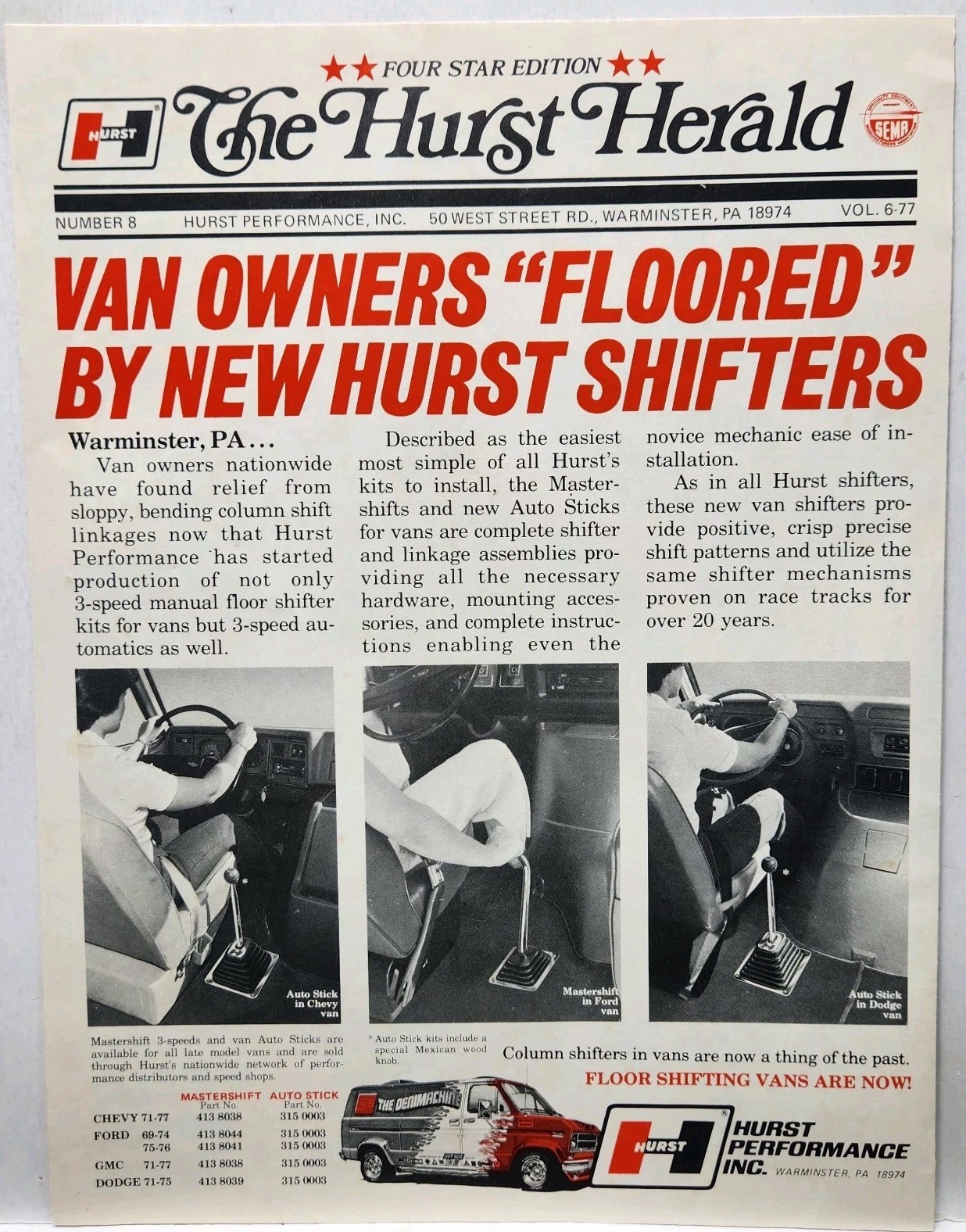 1977 Hurst Performance Van Floor Shifters Herald Original Print Ad Warminster PA