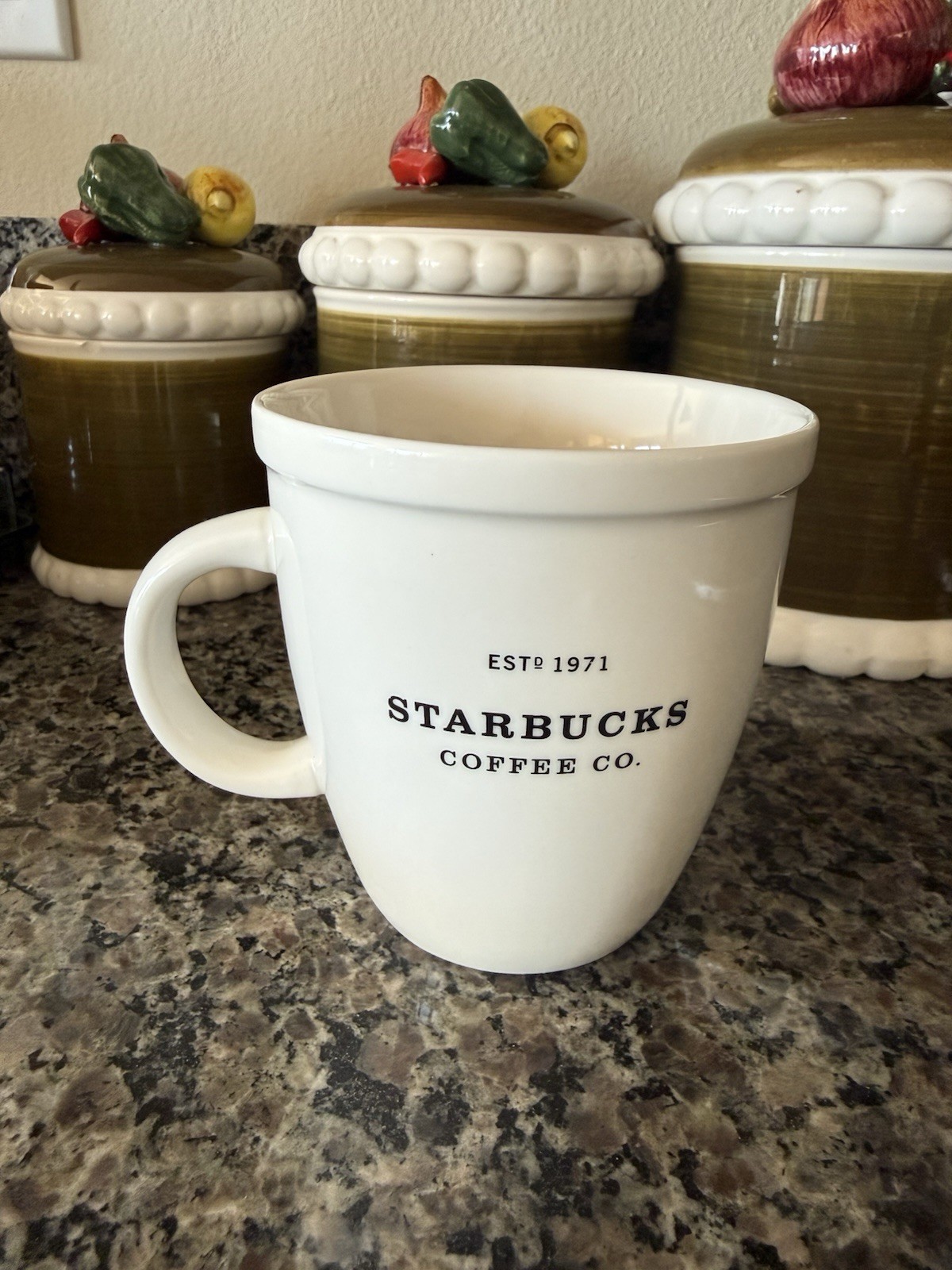 2001 Starbucks Coffee Mug Barista Abbey White 18oz Black Graphics Est 1971